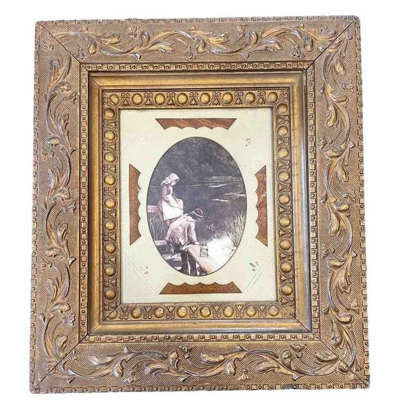 Large Detailed Antique Hand Carved Wooden Gilt Picture Frame With Copper Inlay - Picture 1 of 16